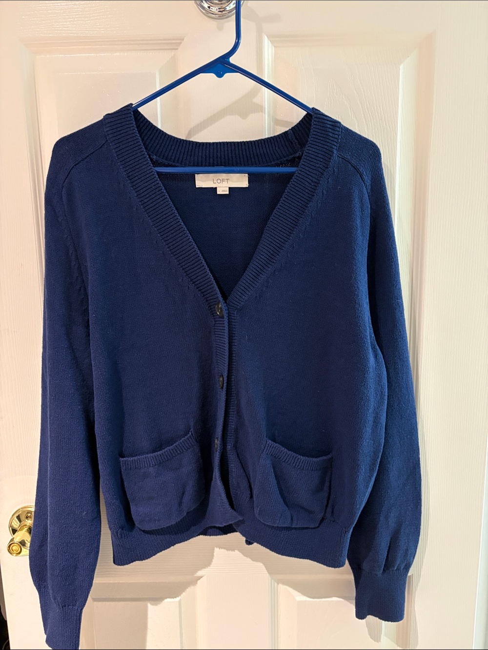 LOFT Navy V-Neck Button Front Cardigan with Pockets